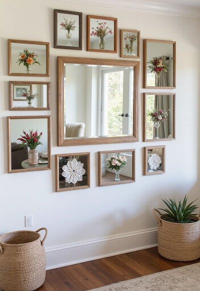 Mur galerie combinant miroirs et cadres fleuris autour d'un grand miroir central, déco douce et champêtre Source - DIY Home Decor | Gardening | Landscaping | Homesteading Pinterest