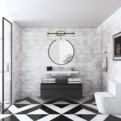 Miroir illuminé Reflections chez Brick – Salle de bain moderne avec murs en marbre blanc, miroir rond rétroéclairé et meuble-lavabo minimaliste noir, créant un style élégant et épuré.
