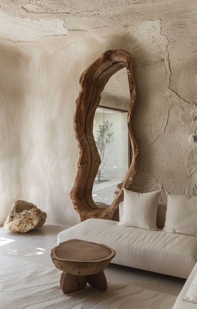Salon minimaliste avec canapé blanc, grand miroir encadré de bois brut et table basse en bois sculpté, style naturel et organique.