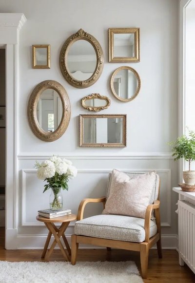 Mur blanc décoré de miroirs dorés au-dessus d'un fauteuil en bois clair, ambiance classique et élégante Source - CozyGrain | DIY Home Decor & Rustic Living Ideas Pinterest