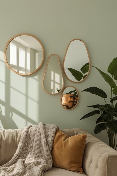 Salon lumineux avec mur vert sauge décoré de miroirs aux formes organiques, canapé beige et coussins ocres Source - Mon Cozy Appartement Pinterest