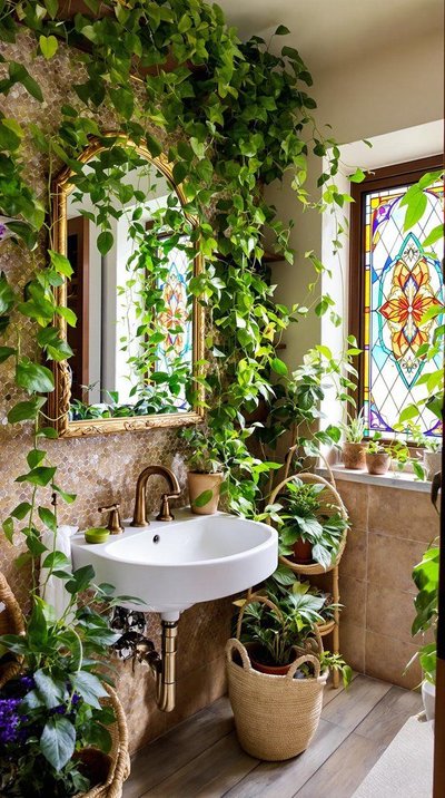 Salle de bain lumineuse avec plantes d'intérieur luxuriantes et vitraux colorés – inspiration Pinterest par Modern Avenue Design