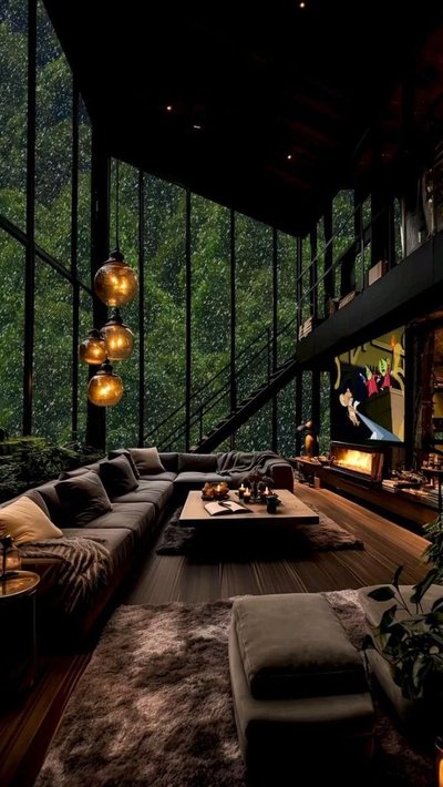 Salon contemporain avec immense baie vitrée donnant sur la forêt, grand canapé sectionnel, éclairage tamisé, foyer au gaz, tapis moelleux et ambiance chaleureuse par temps de pluie Source - Módulo21 Pinterest