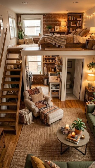 Charmant appartement en mezzanine avec mur de briques, salon chaleureux, cuisine rustique, chambre cosy à l'étage et décoration bohème avec plantes et bougies Source - Moonlit Home Pinterest