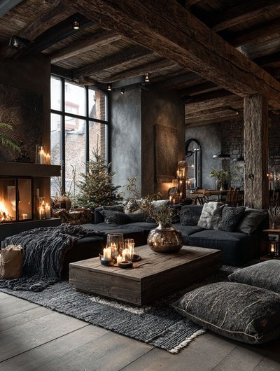 Salon rustique-chic avec poutres en bois apparentes, foyer chaleureux, mobilier foncé, décorations naturelles et ambiance feutrée éclairée à la chandelle Source - MoonWood Atelier Pinterest