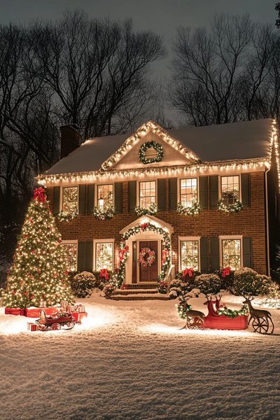 Maison traditionnelle en briques décorée pour Noël avec guirlandes lumineuses, couronnes, un grand sapin illuminé et une scène de traîneau avec des rennes dans un jardin enneigé Source - MRV.Creation Pinterest