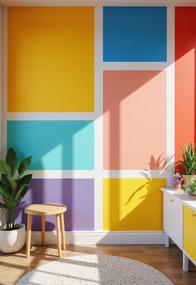 Mur décoratif peint avec des rectangles de couleurs vives comme le jaune, le turquoise, le rose, le violet et le bleu, créant un effet patchwork lumineux Source - Homey Paint | Creative Home Decor & Color Inspiration Pinterest