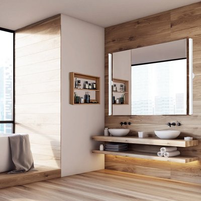 Salle de bain contemporaine avec luminaires muraux verticaux de chez Luminaires & Cie, intégrés de chaque côté du miroir, finition bois clair et lavabos doubles sur planche flottante