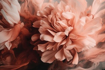Murale artistique représentant une gigantesque fleur de pivoine rose saumon en pleine floraison, aux pétales ondulés et texturés sur un fond fluide aux teintes chaudes de brun, beige et rose, idéale pour une décoration murale tendance dans une chambre ou un salon moderne recherchant un effet floral spectaculaire de chez Mural Unique