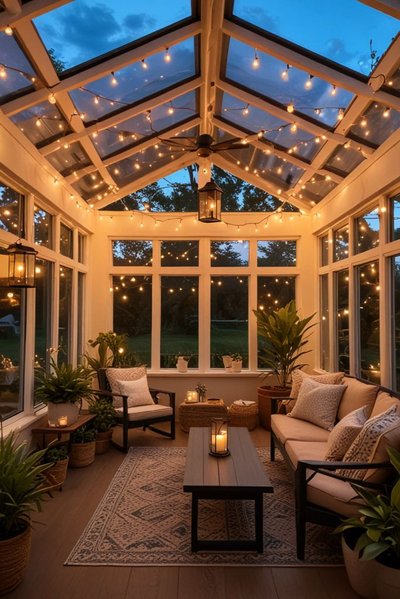 Solarium vitré avec toit cathédrale, guirland Source - My Inspo! Pinterest