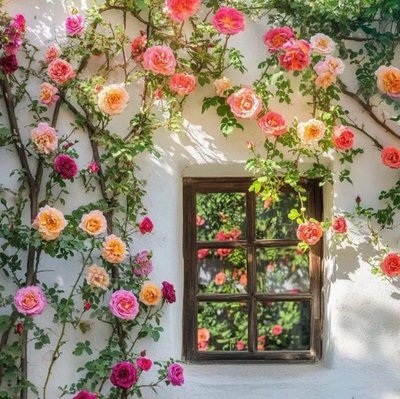 Façade blanche ornée de rosiers grimpants aux fleurs roses et orangées entourant une fenêtre rustique en bois Source - Naissance d'une famille Pinterest