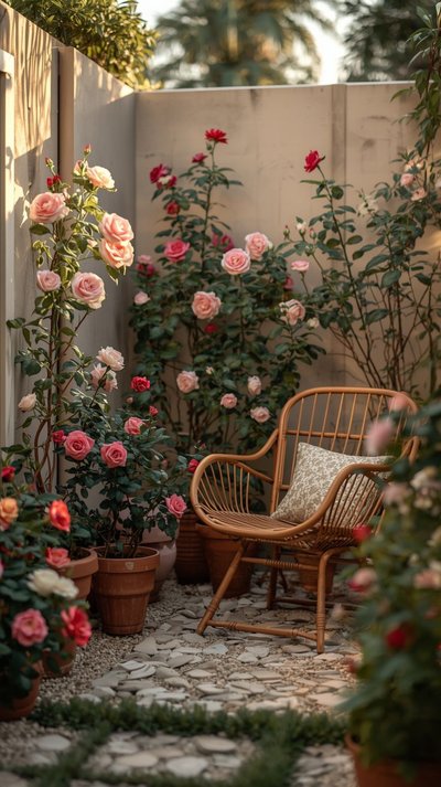 Petit coin jardin intime décoré de rosiers en pots et d'une chaise en rotin avec coussin, parfait pour relaxer parmi les fleurs Source - NatureNest Gardening Pinterest