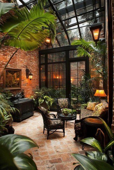 Véranda chaleureuse au style industriel avec murs de briques par Nicole Cruts Mehrtens Williamson Pinterest Véranda chaleureuse au style industriel avec murs de briques, verrière noire, mobilier en fer forgé et plantes tropicales créant une ambiance naturelle et intime par Nicole Cruts Mehrtens Williamson Pinterest