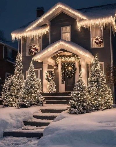 Maison décorée pour Noël avec des guirlandes lumineuses, des couronnes festives et des sapins enneigés illuminés entourant l'entrée, dans un décor hivernal féerique Source - Nicole Gunther Pinterest 