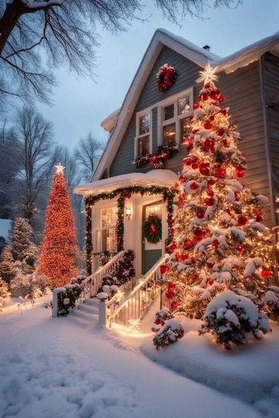 Maison décorée pour Noël avec guirlandes lumineuses, couronnes et sapins enneigés ornés de boules rouges et de lumières dorées, dans un paysage hivernal féerique Source - Nicole Gunther Pinterest