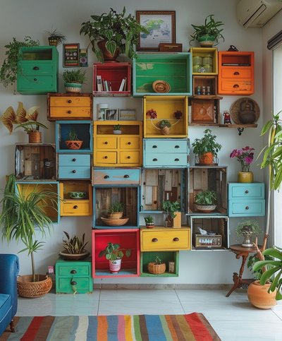 Mur créatif composé de caisses en bois recyclé et de tiroirs peints de couleurs vives, utilisés comme étagères pour plantes, livres et objets décoratifs dans un salon lumineux et éclectique Source - Nicole Rose Pinterest