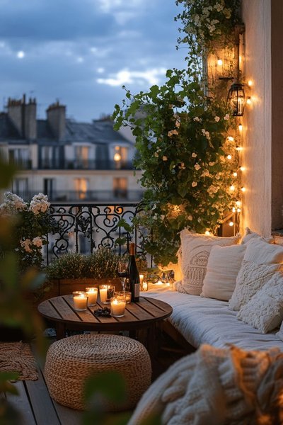 Petit balcon parisien illuminé Source - Nicole's World Pinterest Petit balcon parisien illuminé de bougies et guirlandes, décoré de coussins en tricot, plantes grimpantes et table en bois, parfait pour une soirée chaleureuse en ville Source - Nicole's World Pinterest