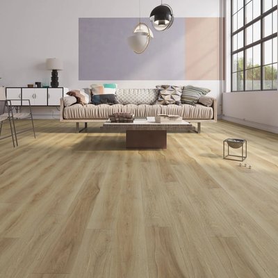 Salon moderne et coloré avec plancher flottant effet bois clair de la collection Oceanic, disponible chez Céramique l’Entrepôt