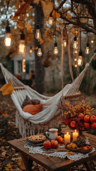 Coin détente en plein air décoré pour l'automne avec guirlandes d'ampoules suspendues, hamac avec coussins, table en bois garnie de pommes, chandelles, tarte et arrangement floral chaleureux Source - Семейный фотограф Olga Kova Pinterest