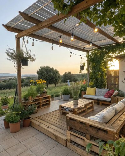Terrasse extérieure en bois Source - ownthriveoff Pinterest Terrasse extérieure en bois construite avec des palettes, abritée par une pergola transparente et décorée de plantes vertes, guirlandes lumineuses et coussins colorés Source - ownthriveoff Pinterest