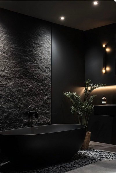 Salle de bain moderne et minimaliste avec baignoire autoportante noire, mur en pierre texturée, éclairage tamisé et plante tropicale sur galets décoratifs Source - OxiGraStudio Pinterest