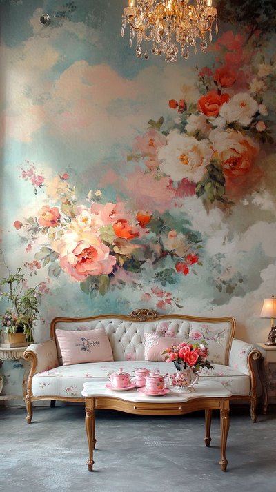Salon romantique avec canapé vintage fleuri, service à thé rose et mur peint d'un motif floral pastel rehaussé par un lustre en cristal Source - Paint your wall Pinterest