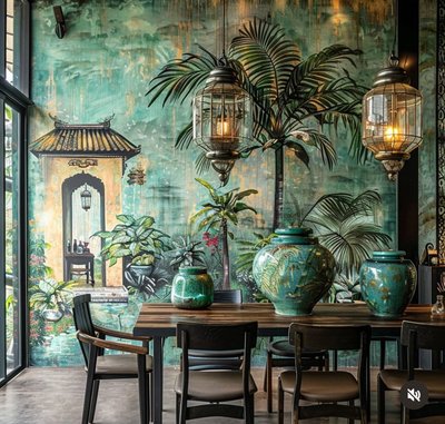 Salle à manger exotique avec fresque murale tropicale représentant un jardin asiatique luxuriant, lanternes suspendues et grandes poteries vertes sur une table en bois foncé Source - Michele Scanlon Pinterest