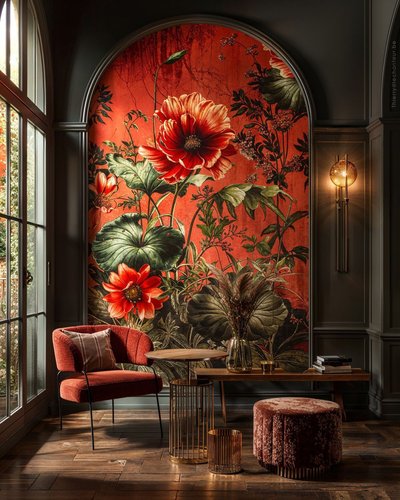 Salon élégant avec grande fresque murale de fleurs rouges sur fond rouge, fauteuil en velours assorti, tables basses dorées et ambiance feutrée Source - Julia Griffin Pinterest