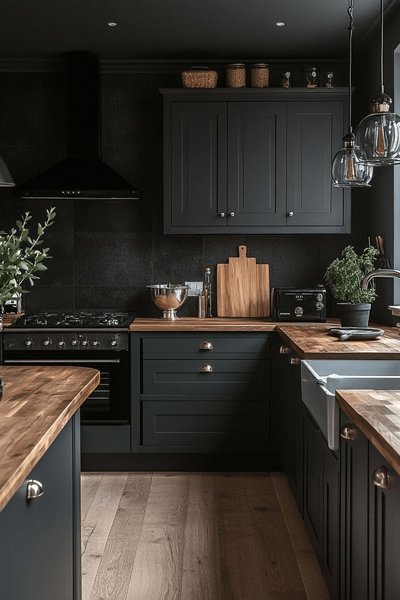 Cuisine rustique chic avec armoires noir mat à panneaux, comptoirs en bois naturel, électroménagers noirs, évier de ferme et éclairage suspendu en verre pour une ambiance chaleureuse et sophistiquée Source - Patience Pinterest