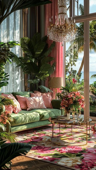 Salon lumineux au style tropical chic avec canapé vert, coussins roses, plantes exotiques, lustre doré et grande baie vitrée sur jardin Source - Peggy Belcher Pinterest