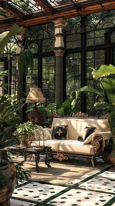 Véranda luxueuse au style victorien avec canapé crème sculpté par Peggy Belcher Pinterest Véranda luxueuse au style victorien avec canapé crème sculpté, table en fer forgé, grandes fenêtres noires et abondance de plantes vertes par Peggy Belcher Pinterest