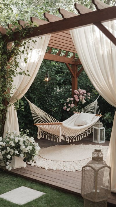 Pergola Aiza Lamug Pinterest – Pergola en bois avec rideaux blancs et hamac bohème, entourée de verdure et de fleurs, créant un coin détente élégant et apaisant dans le jardin.