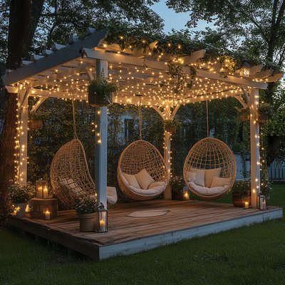 Pergola FuturisticDecors Pinterest – Pergola blanche ornée de guirlandes lumineuses et de plantes suspendues, avec chaises en rotin suspendues et coussins douillets pour une ambiance chaleureuse et magique en soirée.