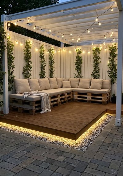 Pergola Kerri Molloy Pinterest – Pergola blanche avec banquette en palettes et coussins beiges, éclairage suspendu et décor végétal mural, idéale pour une ambiance cosy en soirée.