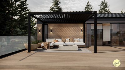 Terrasse moderne avec pergola bioclimatique de Auvents Valleyfield noire et mobilier extérieur sous une structure signée Sol Pergolas
