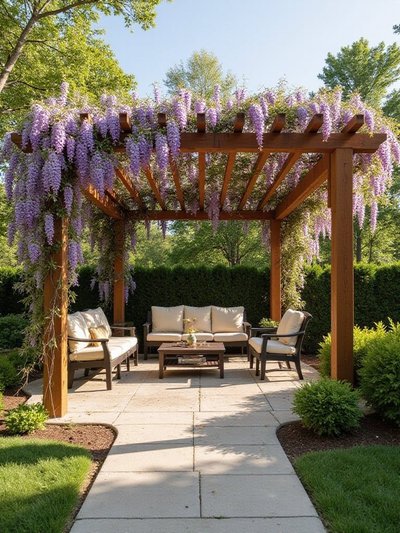 Pergola par decorating buddy pinterest – Pergola en bois ornée de glycines violettes avec mobilier de jardin confortable sur patio pavé, entourée de verdure estivale.