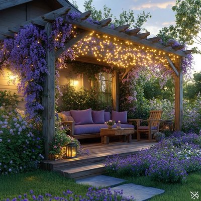 Pergola par DigiForChic Pinterest – Pergola en bois recouverte de plantes violettes et décorée de guirlandes lumineuses, avec un canapé assorti et un jardin fleuri créant une atmosphère romantique et apaisante.