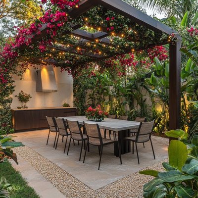 Pergola par Erin Fleming Pinterest – Pergola moderne décorée de fleurs rouges et guirlandes lumineuses au-dessus d’une table extérieure élégante entourée de chaises en rotin, dans un jardin tropical luxuriant.