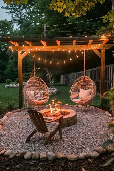 Pergola par Home Made Graceful H.M.G Pinterest – Pergola en bois avec chaises suspendues en rotin et foyer extérieur central, entourée de guirlandes lumineuses pour une ambiance chaleureuse en soirée.