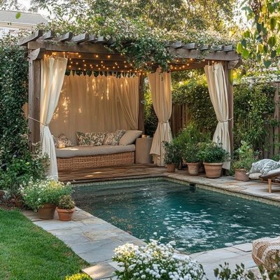 Pergola par Liz Young Pinterest – Pergola en bois avec rideaux blancs, canapé en rotin et guirlandes lumineuses, surplombant une petite piscine entourée de plantes en pots et de verdure.