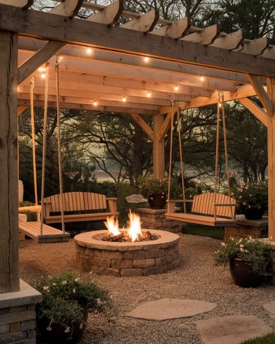 Pergola par Missey Standley Pinterest – Pergola en bois avec balançoires suspendues autour d’un foyer extérieur en pierres, éclairée par des guirlandes lumineuses pour une ambiance chaleureuse et conviviale.