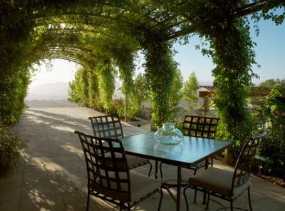 Terrasse ombragée par une pergola végétalisée offrant une vue panoramique sur la vallée, avec table et chaises en fer forgé, provenant de Decoist.