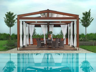 Pergola moderne en bois avec rideaux blancs abritant une table à manger extérieure face à une piscine turquoise, provenant de Decoist.