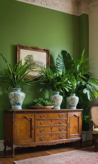 Mur vert olive décoré d'un buffet en bois antique par Petits Cultivateurs Pinterest Mur vert olive décoré d'un buffet en bois antique, vases en porcelaine bleue et plantes luxuriantes créant une ambiance élégante et naturelle par Petits Cultivateurs Pinterest