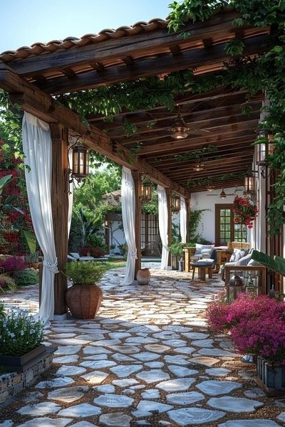 Terrasse extérieure couverte avec pergola en bois, rideaux blancs flottants, lanternes suspendues et sol en pierre naturelle, entourée de plantes luxuriantes et mobilier en rotin Source - Petya Koleva Pinterest