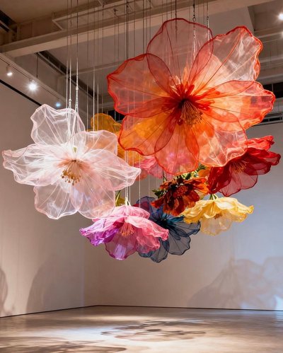 Installation florale monumentale avec de grandes fleurs suspendues en tissu translucide de différentes couleurs, dans une galerie moderne Source - PG Pinterest