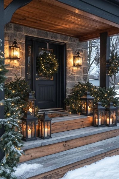 Entrée de maison en pierres décorée pour Noël avec couronne lumineuse, lanternes noires avec bougies et guirlandes de sapin illuminées Source - Phyllis Jovanovich Pinterest