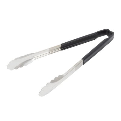 Pince de service noire avec embouts en acier inoxydable, idéale pour retourner les aliments, servir des salades ou manipuler les grillades, disponible chez La Guilde Culinaire