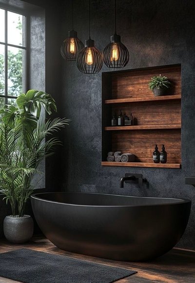 Salle de bain contemporaine au style zen avec baignoire noire autoportante, niches murales en bois, suspensions décoratives, mur en béton texturé et plantes tropicales créant une ambiance spa raffinée Source - Pinterest