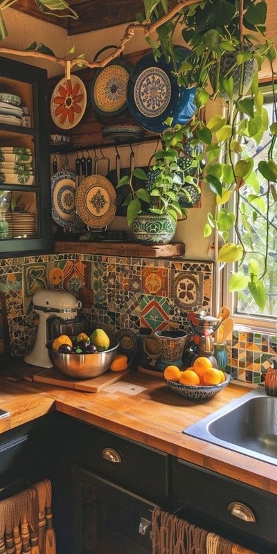 Cuisine chaleureuse et colorée décorée de plantes d’intérieur, vaisselle artisanale et carreaux mosaïque – inspiration Pinterest par Aneta Krajewska